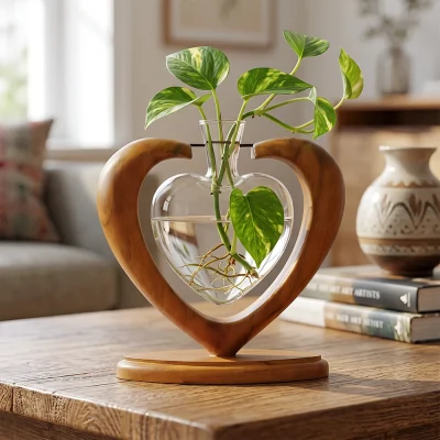 Vase décoratif en verre en forme de cœur, accompagné d'un socle en bois.