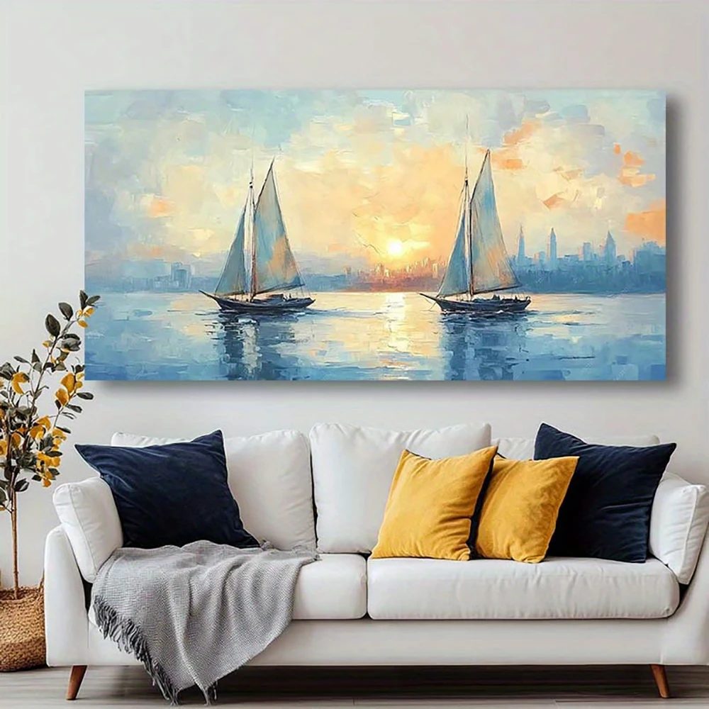 Décoration murale représentant des bateaux sur la mer au coucher du soleil